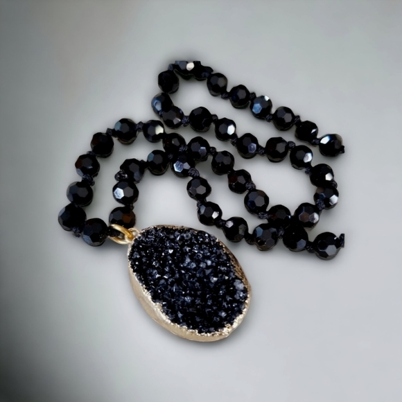 Hand Crafted Glass Bead Necklace With Natural Black Druzy Crystal Pendant - Picture 1 of 16